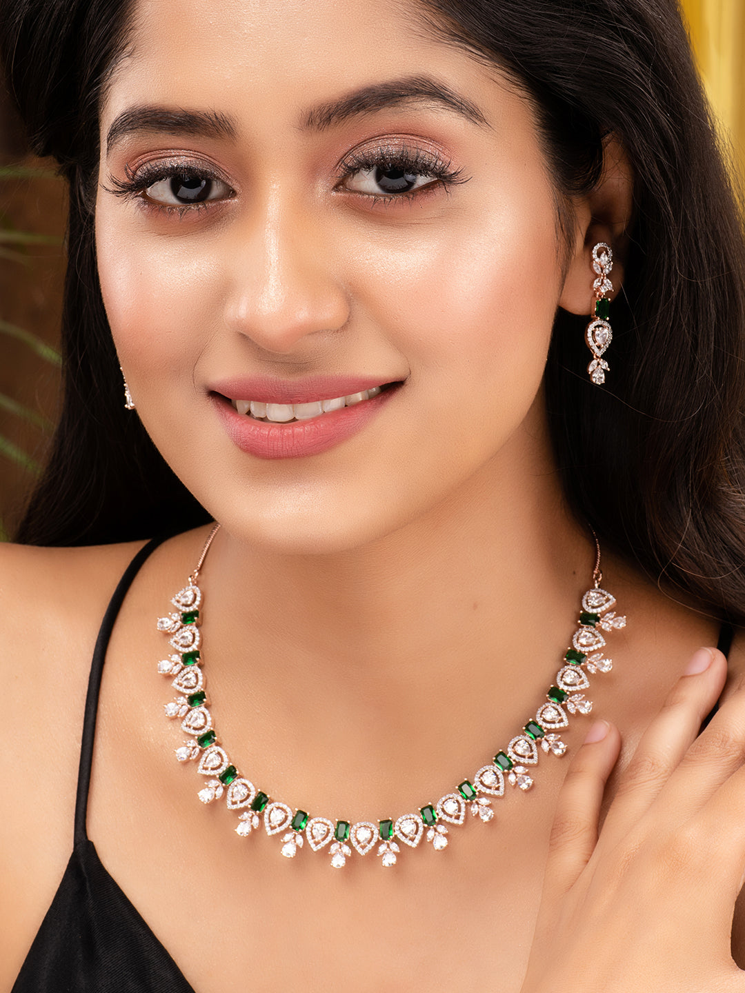 Rose Gold Plated Green AD Studded Floral Necklace Jewellery Set, zaveri pearls, sale price rs, sale price, sale gold plated, sale gold, sale, rubans, ring, regular price, priyassi jewellery,